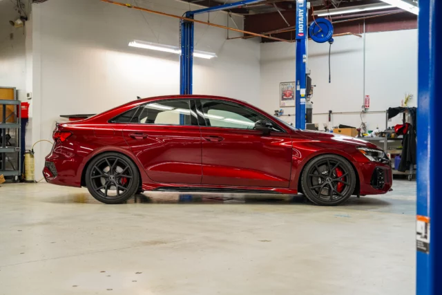 The ONLY Audi RS 3 you are likely to ever see in Rubino Red Metallic (which is a Bentley spec option) and of course, we had to get our hands on it!
.
We installed a much more aggressive alignment to match the suspension setup and overall capabilities of the car.
.
Now it handles even better than it looks! 🔥 @audiproshots